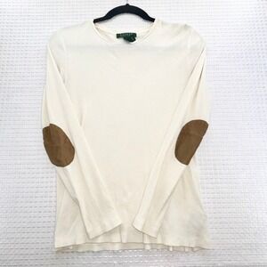 Lauren Ralph Lauren Cream Ribbed Long Sleeve Elbow Patch‎ Sweater Top Size S